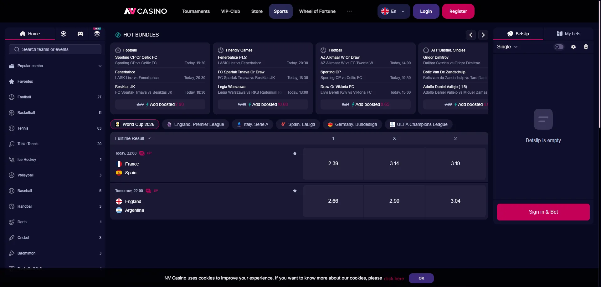 NV Casino sportsbetting &ndash; odds p&aring; fodbold, tennis og live-begivenheder